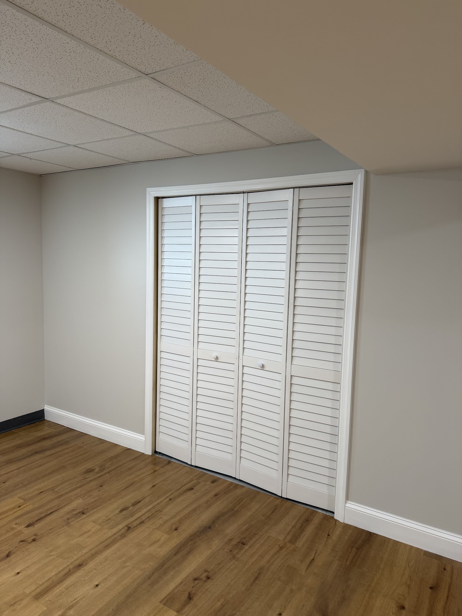 Basement wall build with closet doors and luxury vinyl flooring NJ